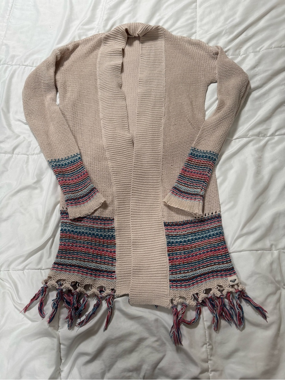 Roxy Beige Open-Front Cardigan with Multicolor Stripe Accents